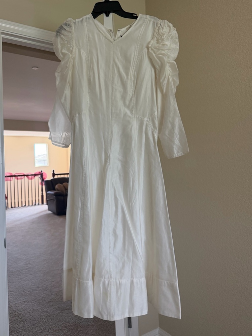 Ulla Johnson White Puff Sleeve Ruched Midi Dress Cotton Silk Size 6